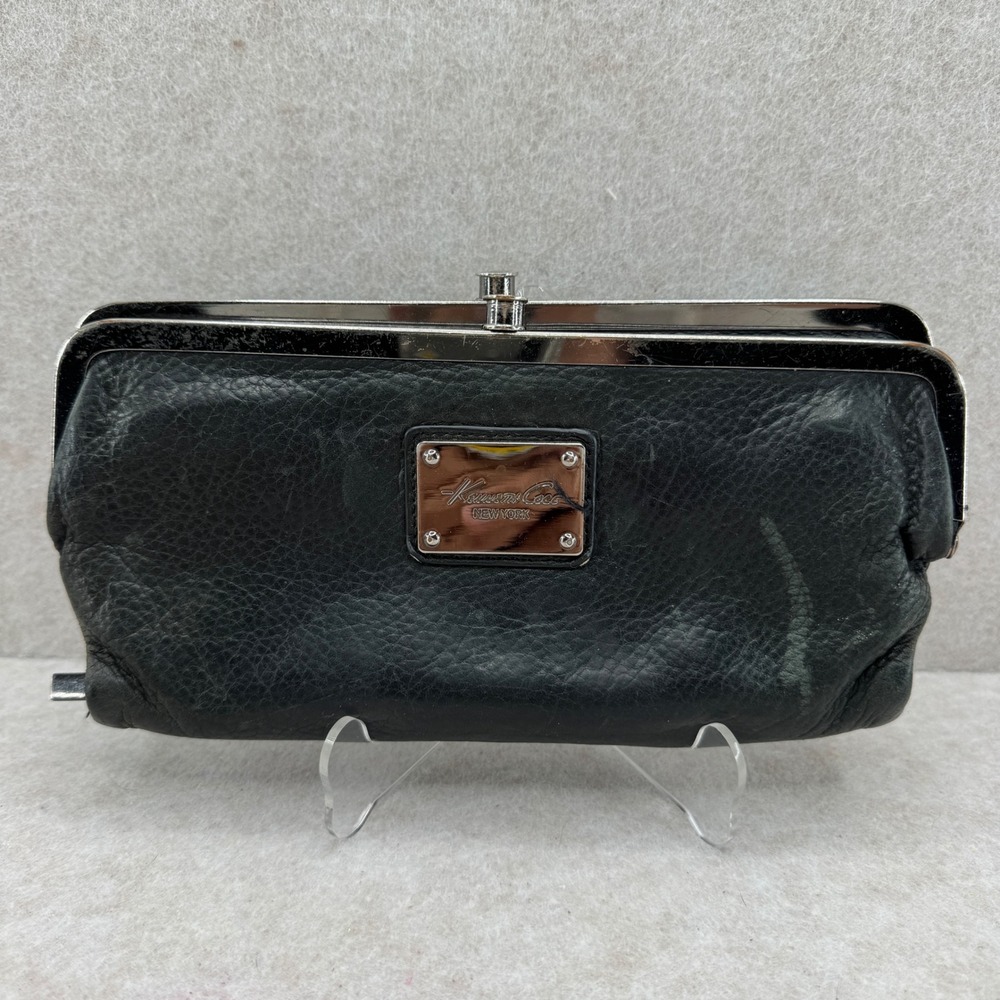 Kenneth Cole New York Leather Kiss Lock Wallet Black‎ Leopard Print Indie 8X4